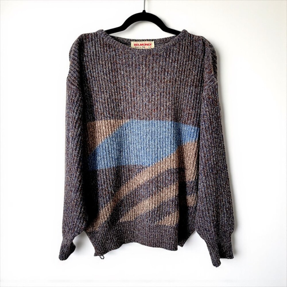 Belmondi Gray Colorblock Wool Sweater Italy Made Pure Virgin Wool
